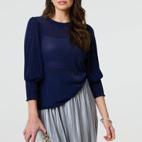 Sparkly 3/4 Puff Sleeve Mesh Top