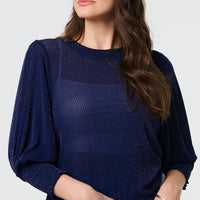 Sparkly 3/4 Puff Sleeve Mesh Top