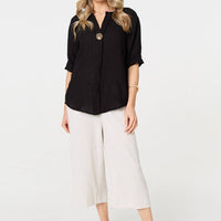 Button Detail 1/2 Sleeve V-Neck Blouse