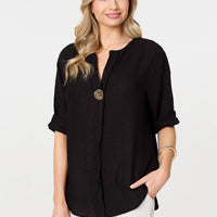 Button Detail 1/2 Sleeve V-Neck Blouse