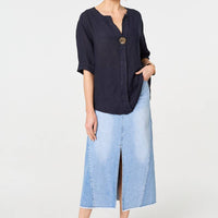 Button Detail 1/2 Sleeve V-Neck Blouse
