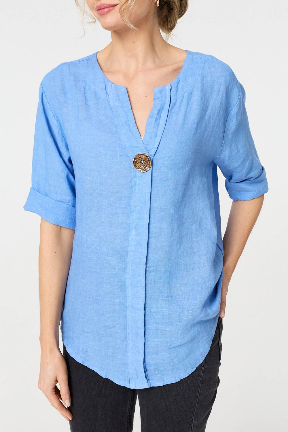Button Detail 1/2 Sleeve V-Neck Blouse