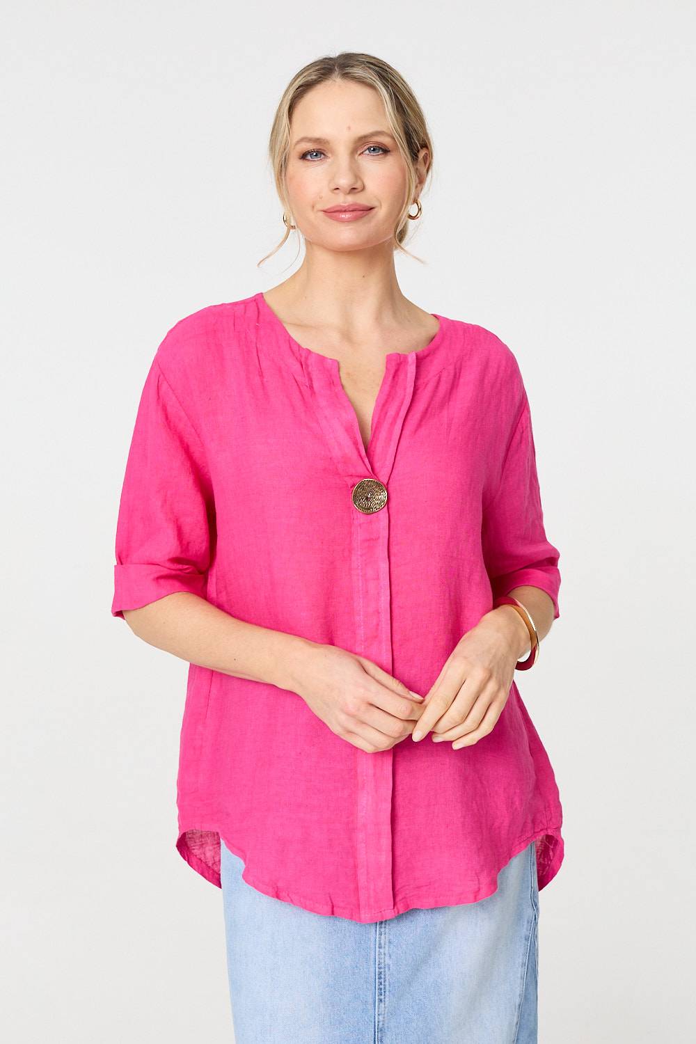 Button Detail 1/2 Sleeve V-Neck Blouse