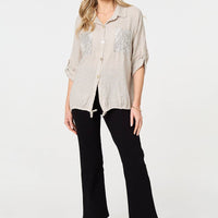 Sequin Detail 3/4 Turn-Up Sleeve Shirt
