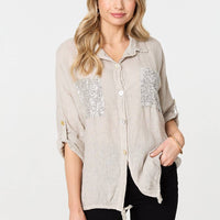 Sequin Detail 3/4 Turn-Up Sleeve Shirt