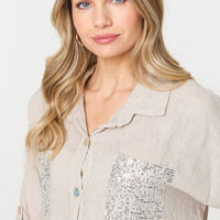 Sequin Detail 3/4 Turn-Up Sleeve Shirt