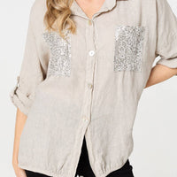 Sequin Detail 3/4 Turn-Up Sleeve Shirt
