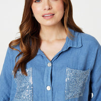 Sequin Detail 3/4 Turn-Up Sleeve Shirt