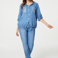 Sequin Detail 3/4 Turn-Up Sleeve Shirt