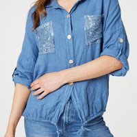 Sequin Detail 3/4 Turn-Up Sleeve Shirt