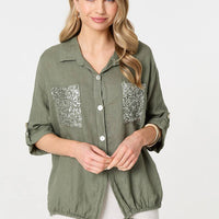Sequin Detail 3/4 Turn-Up Sleeve Shirt