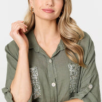 Sequin Detail 3/4 Turn-Up Sleeve Shirt