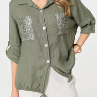 Sequin Detail 3/4 Turn-Up Sleeve Shirt