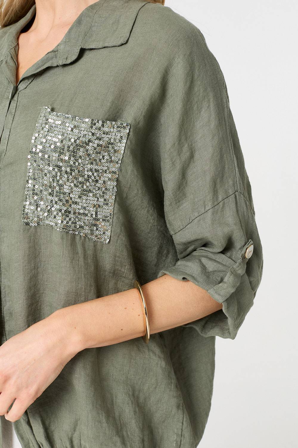 Sequin Detail 3/4 Turn-Up Sleeve Shirt