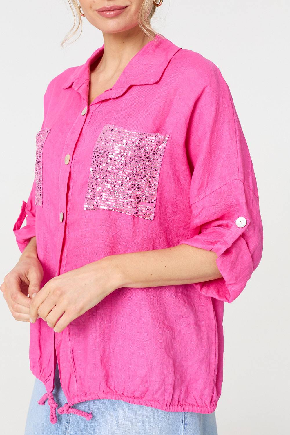 Sequin Detail 3/4 Turn-Up Sleeve Shirt
