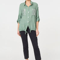 Sequin Detail 3/4 Turn-Up Sleeve Shirt