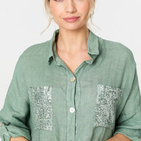 Sequin Detail 3/4 Turn-Up Sleeve Shirt