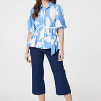 Abstract Puff Sleeve Tie Waist Blouse