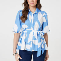 Abstract Puff Sleeve Tie Waist Blouse