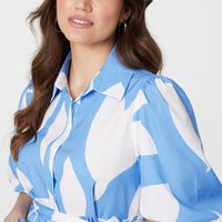 Abstract Puff Sleeve Tie Waist Blouse