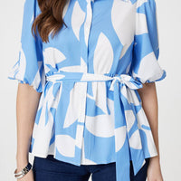 Abstract Puff Sleeve Tie Waist Blouse