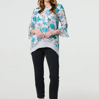 Floral 3/4 Sleeve Curve Layered Hem Blouse