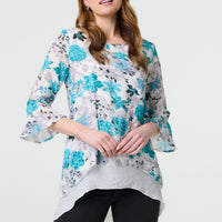 Floral 3/4 Sleeve Curve Layered Hem Blouse