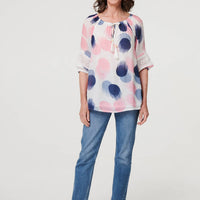 Printed Lace Trim Tassel Front Blouse