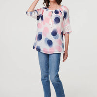 Printed Lace Trim Tassel Front Blouse