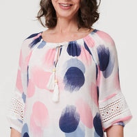 Printed Lace Trim Tassel Front Blouse