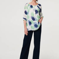 Printed Lace Trim Tassel Front Blouse