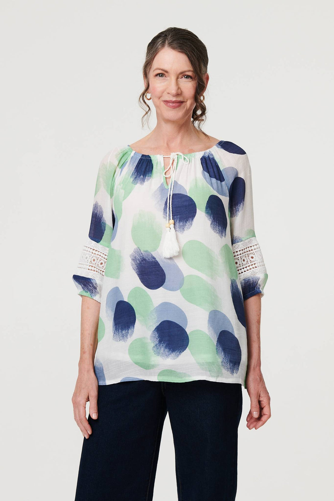 Printed Lace Trim Tassel Front Blouse