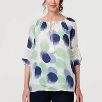 Printed Lace Trim Tassel Front Blouse