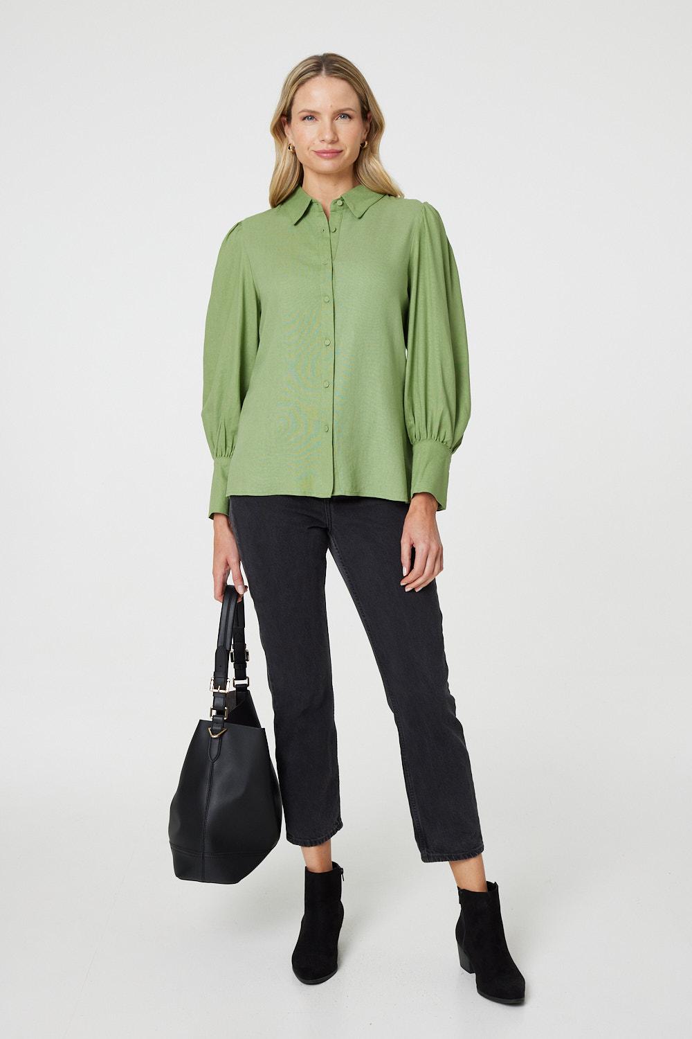 Plain Puff Sleeve Button-Up Shirt