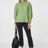 Plain Puff Sleeve Button-Up Shirt