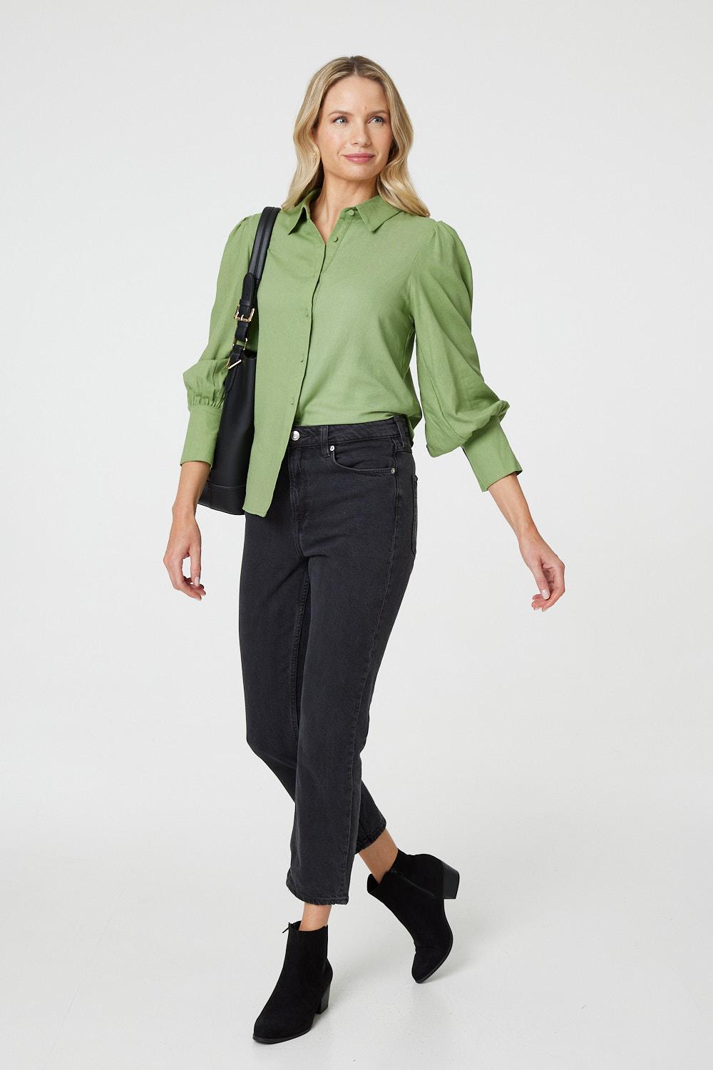 Plain Puff Sleeve Button-Up Shirt