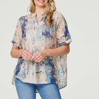 Floral Collarless Short Sleeve Blouse