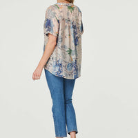 Floral Collarless Short Sleeve Blouse