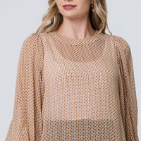 Mesh Fishnet Long Puff Sleeve Top