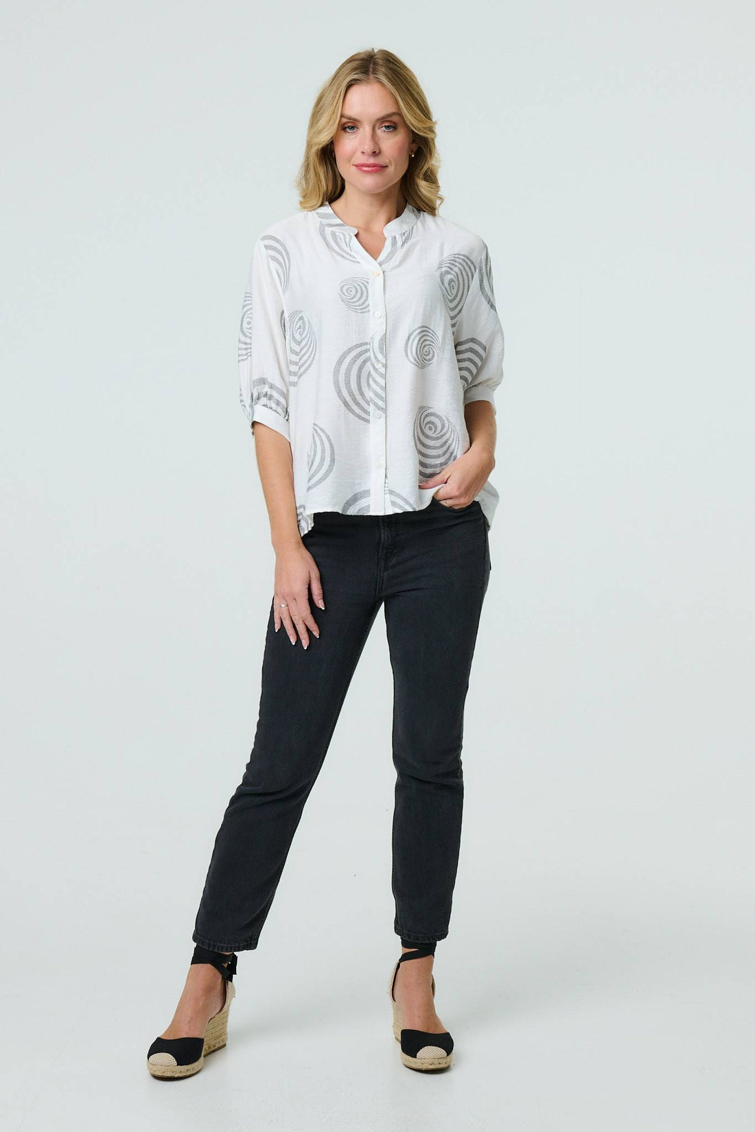Printed Relaxed 3/4 Sleeve Blouse