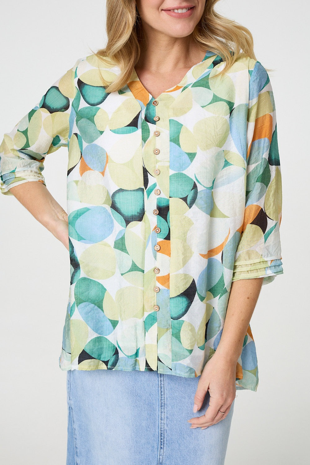 Printed Curved Hem 3/4 Sleeve Blouse