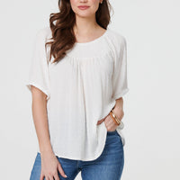 Textured Semi Sheer Shirred Bardot Top