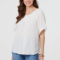 Textured Semi Sheer Shirred Bardot Top