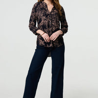Leaf Print 3/4 Sleeve Collarless Shirt