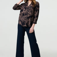 Leaf Print 3/4 Sleeve Collarless Shirt