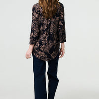 Leaf Print 3/4 Sleeve Collarless Shirt