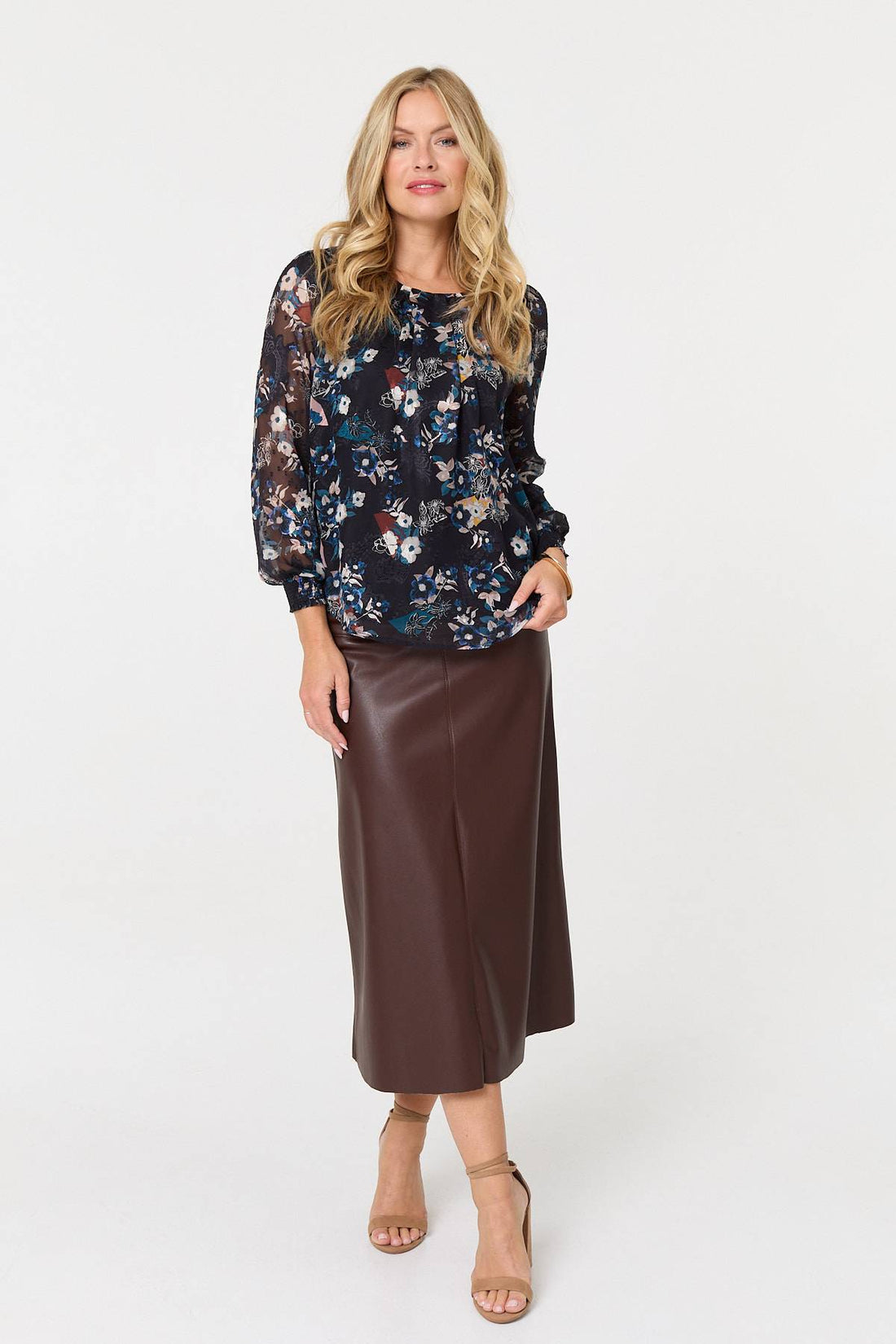 Floral Semi Sheer Long Sleeve Blouse