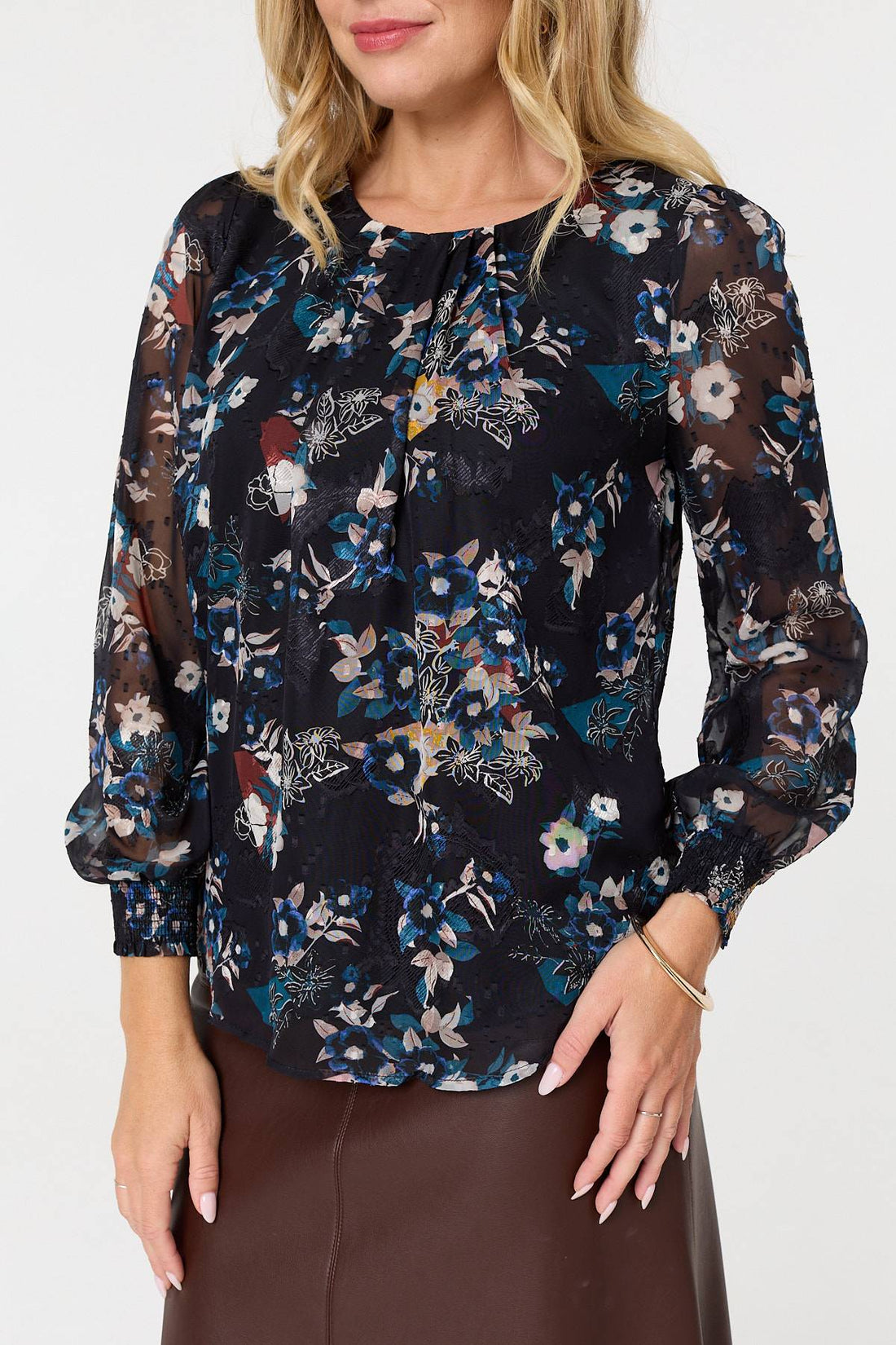 Floral Semi Sheer Long Sleeve Blouse