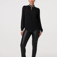 Sparkle Trim High Neck Semi Sheer Blouse