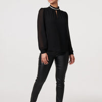 Sparkle Trim High Neck Semi Sheer Blouse